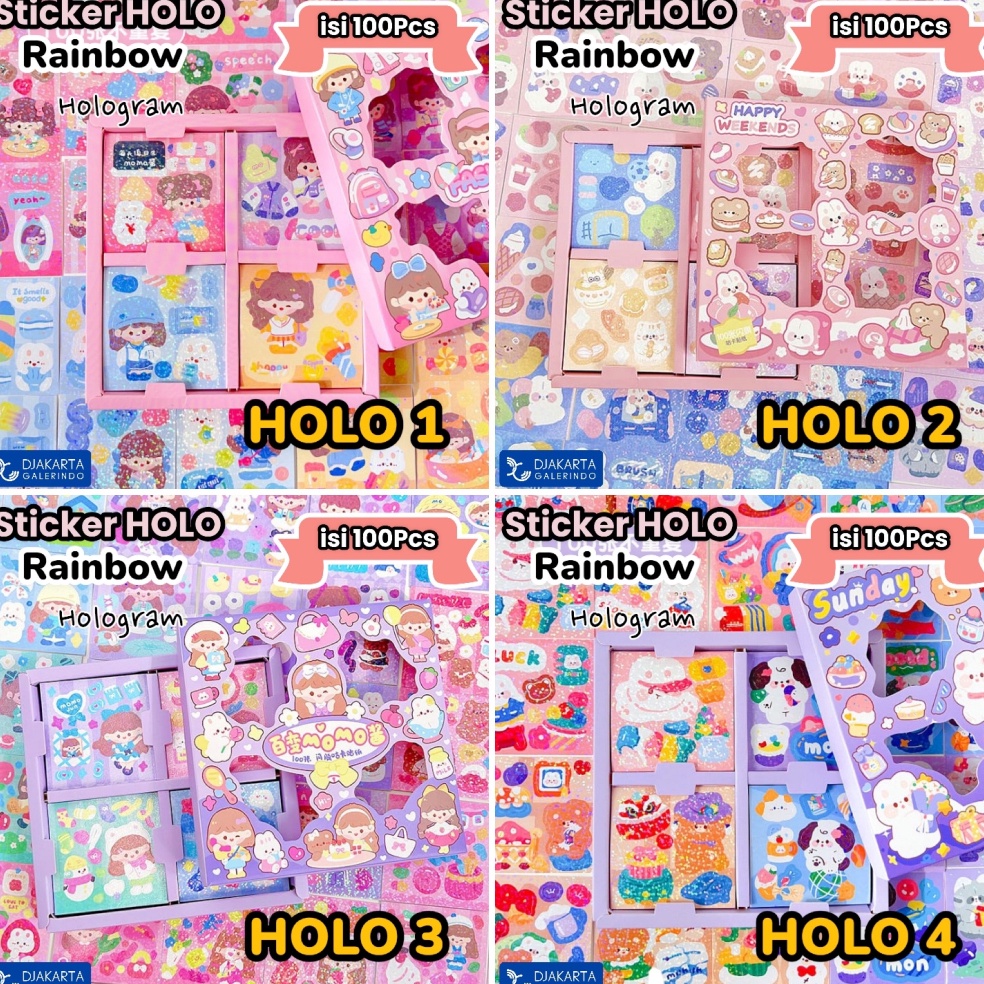 

Sticker MOMO Hologram Glitter Rainbow Mix Warna Original waterproof Stiker Kartun Korea Anti Air Original isi 100pcs Best Product )V ♪