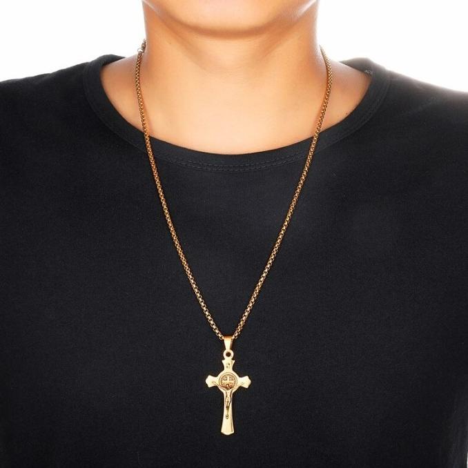 Dijual Kalung Salib Katolik Medali St Santo Benediktus Titanium | Pria