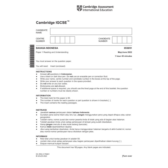 PROMO IGCSE 0538 BAHASA INDONESIA 2016-2022 PAPERS & INSERT AND MARK SCHEME TERBARU