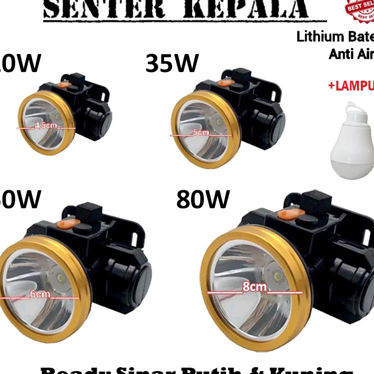 Terbaik Senter Lampu Kepala Head Lamp Nyala Putih Kuning 20Watt / 35Watt / 50Watt / 80Watt 