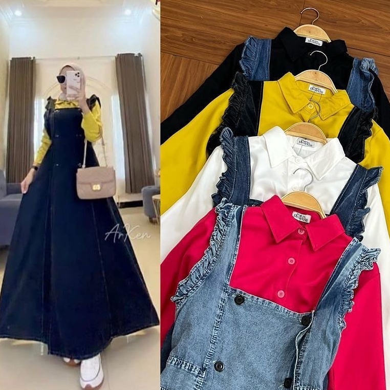 ✈FILL✈ Dress Bianca 2in1 / Baju Dress Cewek Dewasa Terkini Set Kemeja Bahan Shakila + Overall Bahan 