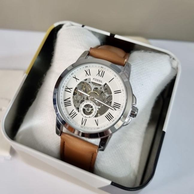 Jam Tangan Pria Automatic Fossil Grant Skeleton Transparan Strap Kulit