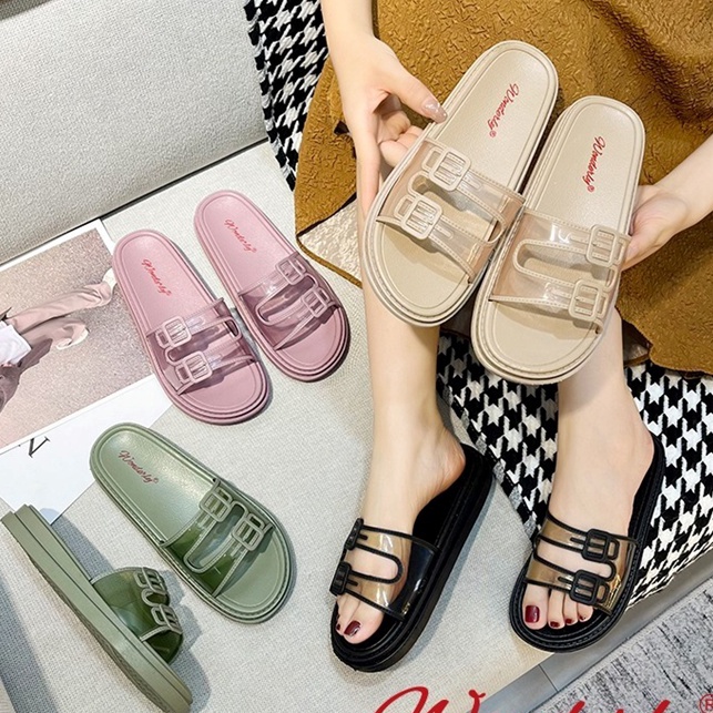 (I2.R☞) 1997-2 Sandal Slop Ban 2 Transparan Wanita Wonderly Sendal Selop Cewek Jelly Karet Empuk Kok