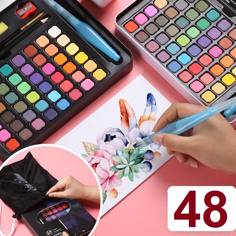 

[Y49-✯> Solid Watercolor Set Cat Air Lukis Warna Paint Set 48 Watercolor Alat Cat Air Termasuk Kuas dan Kertas Gambaraご.