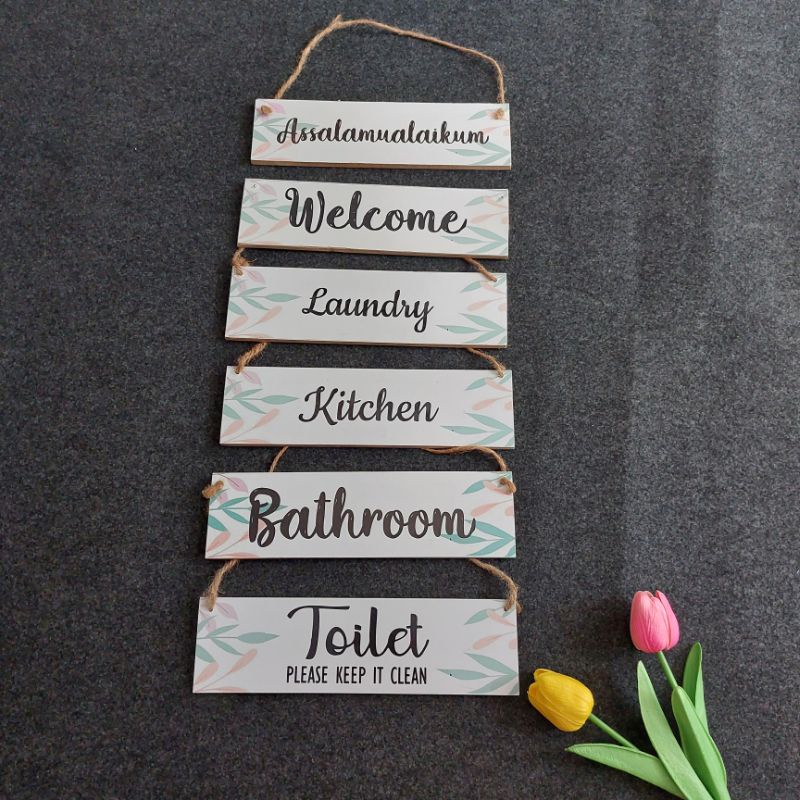 dekorasi dinding aesthetic gantung tulisan toilet, assalamu'alaikum, welcome, bathroom