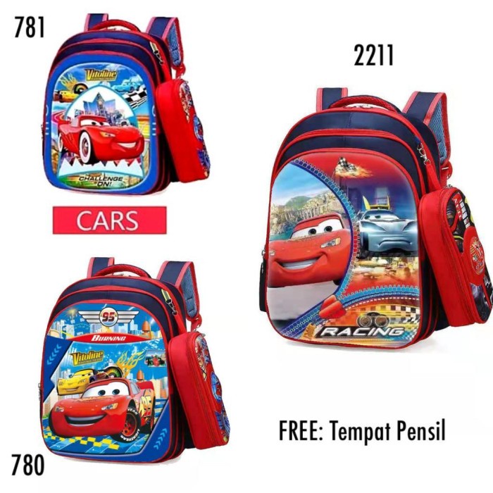 TAS SEKOLAH RANSEL ANAK SD LAKI-LAKI KARAKTER CARS 3D EMBOSS + LAMPU