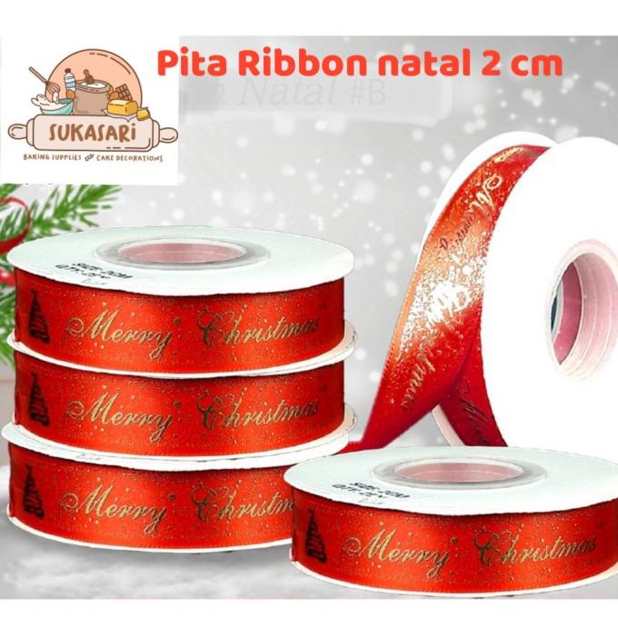 

siap kirim] Pita Ribbon Natal 2cm no (2) Merah red 25 yard Roll christmas