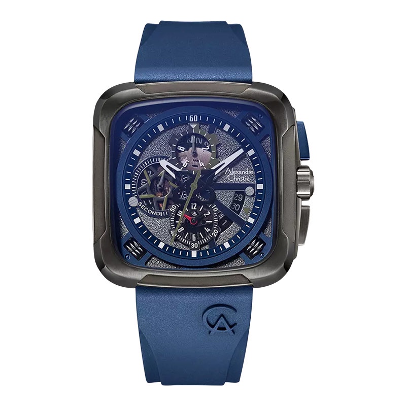 Jam Tangan Pria Alexandre Christie Chronograph AC 6577 MC RIGBABU Men Dual Tone Dial Blue Rubber Str