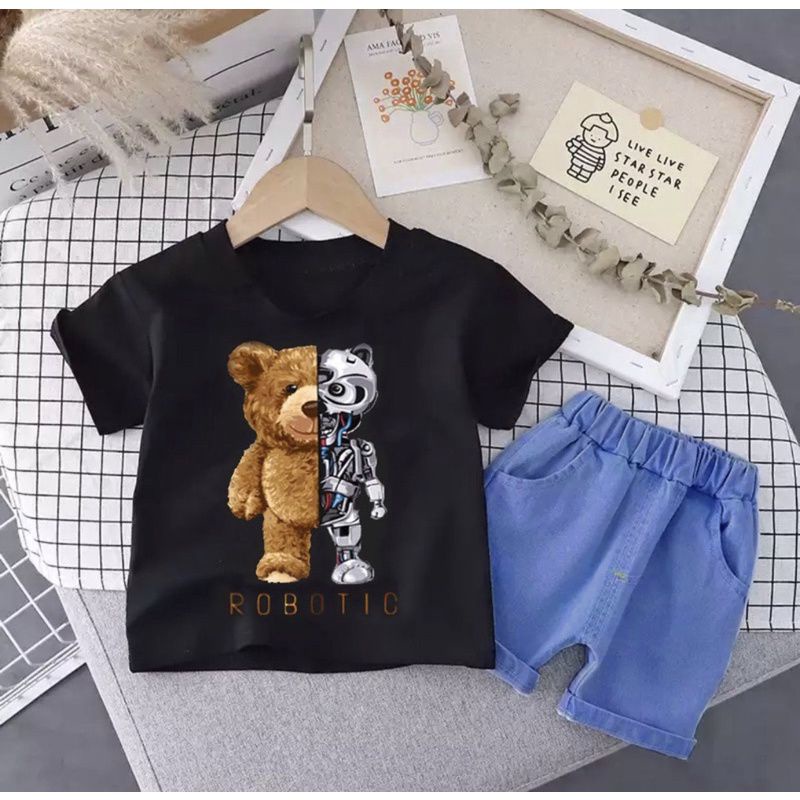 Baju kaos dan celana pendek denim setelan kaos anak robotik 1-5 tahun terbaru
