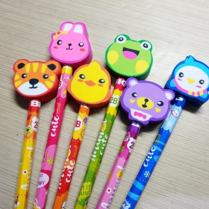 

~@~@~@~@] Pensil 2B Anak + Setip Penghapus Karakter Animal Lucu