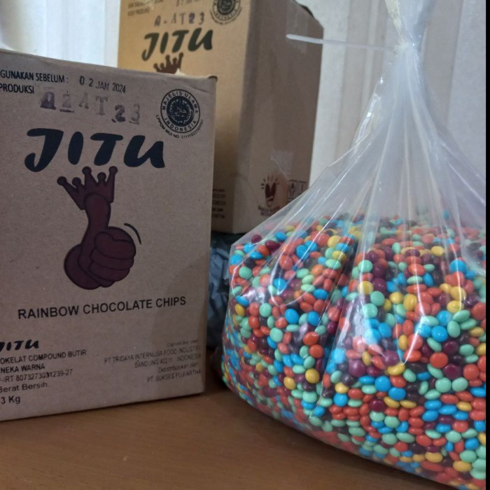 

Hariya Termurah! Jitu Rainbow Choco Chips 1 Pack 3Kg/ Rainbow Chips Jitu