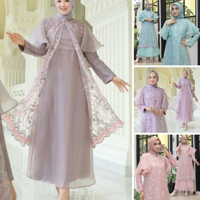 Maxi Dress Wanita Gamis Outer Midi Organza Panjang Cardi Brukat Velvet
