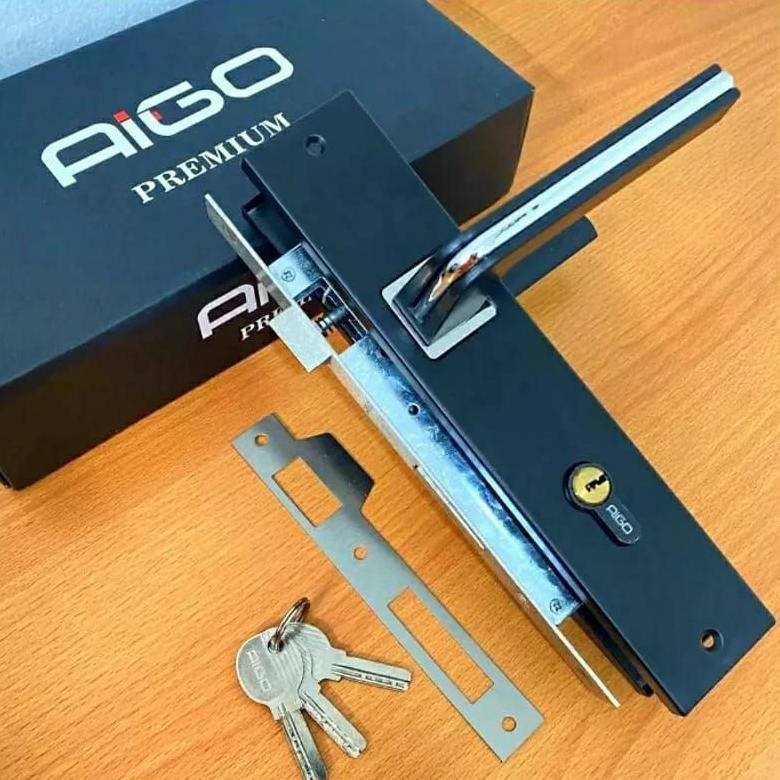 Model Baru HANDLE PINTU HITAM SET AIGO KUNCI PINTU RUMAH UKURAN BESAR 25CM GAGANG KOTAK 