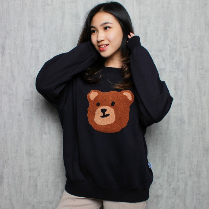 Ambler Korea Boucle Bear Sweatshirt Black 100% Original