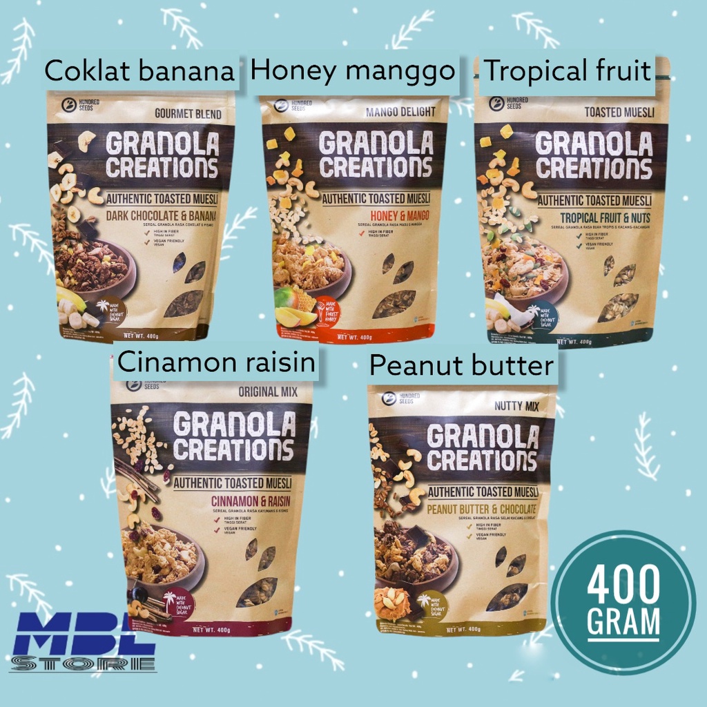 

Hundred Seeds Granola Creation 400 Gram Coklat Banana Cinammon Raisin Tropical Fruit Peanut Butter