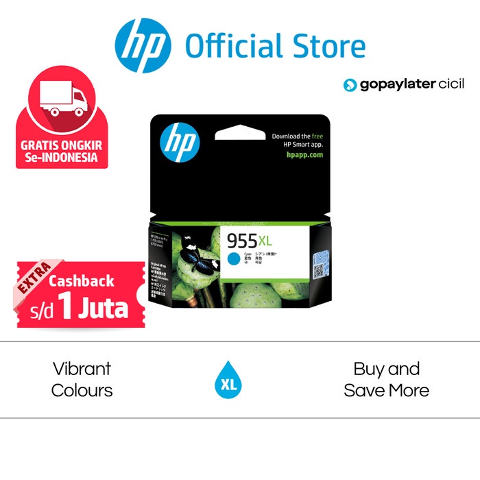 

TINTA HP 955XL HIGH YIELD CYAN ORIGINAL INK CARTRIDGE HITAM OFFICIAL