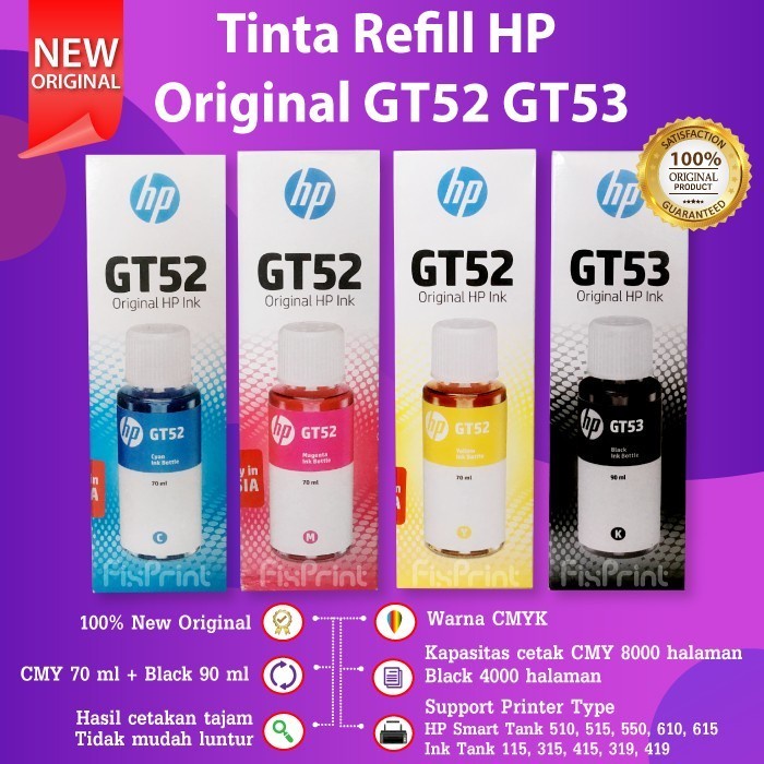 

TINTA PRINTER HP GT53 GT52 BLACK ,YELLOW,CYAN,MAGENTA ORIGINAL