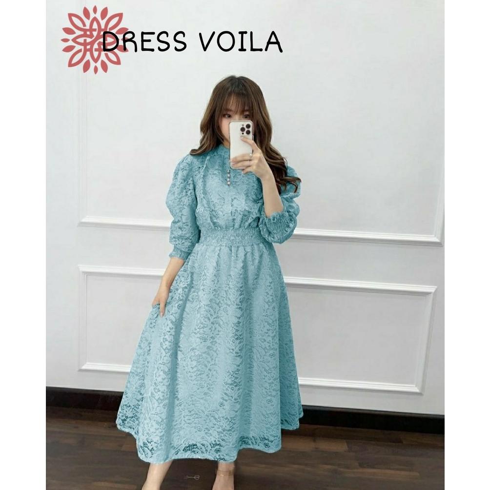 BJN DRESS VOILA BRUKAT LENGAN PANJANG / Gaun pesta ala korean style / Midi dress brokat natal / Part