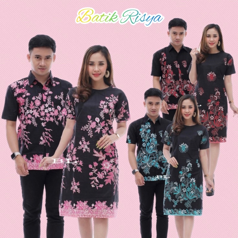BAJU PASANGAN COUPLE PRIA WANITA - DRESS LENGAN PENDEK & KEMEJA - MOTIF BUNGA SAKURA MERAH BIRU SIZE