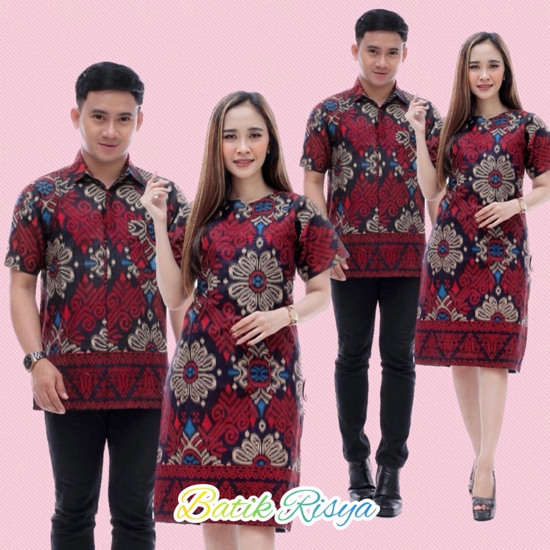 BAJU PASANGAN COUPLE PRIA WANITA - DRESS LENGAN PENDEK & KEMEJA - MOTIF BUNGA KECUBUNG MERAH HIJAU M