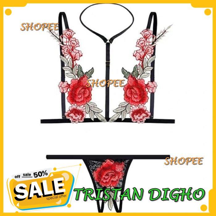 SET BRA G STRING WANITA SEXY LINGERIE HALTER NECK LACE OPEN THONG B / SET BRA G STRING WANITA SEXY L