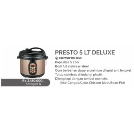 Ready Stok Signora Presto 5Lt Deluxe Elite Panci Listrik 5 Liter Anti Lengket Pressure Cooker