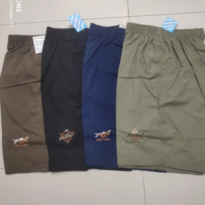 celana celana pendek santai Hawai 3/4 merek FIT polos pria/wanita 3/4 katun - hijau army(M0Q4) murah
