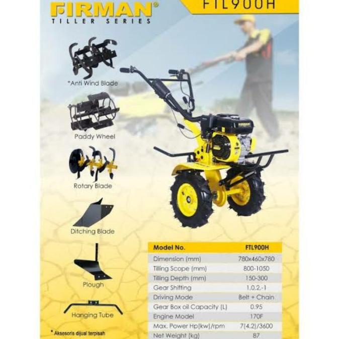 Mini Tiller Firman Ftl 900 Mesin Cultivator Bajak Sawah Tanah Kering &