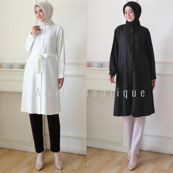 Atasan Tunik Muslim Wanita/ Hem Kemeja Panjang Hitam Putih Polos Busui Stok Terbatas