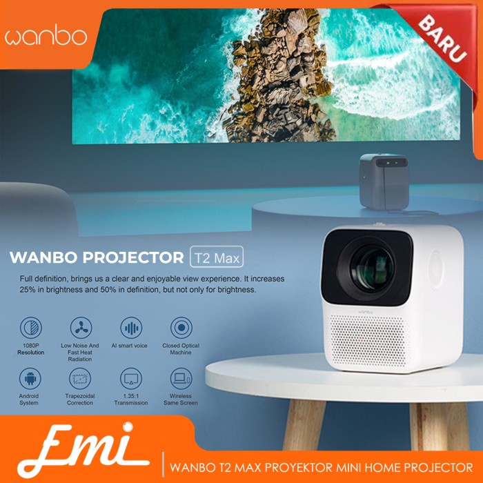Hawas Wanbo T2 Max Proyektor Mini Home Projector Android 1080P 5000 Lumens