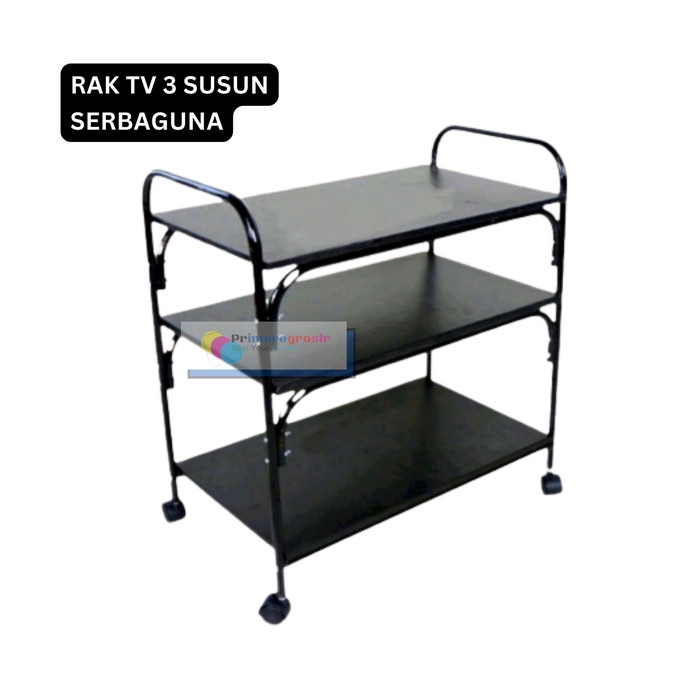 Rak Tv Minimalis Modern Hitam / Meja Tv Besi 3 Susun Dengan Roda Besar