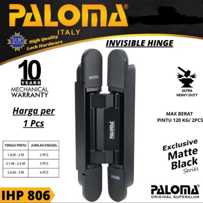 [Ori] Paloma Ihp 806 Engsel Pintu Tanam Invisible Hinge Hitam Matte Black Terbatas