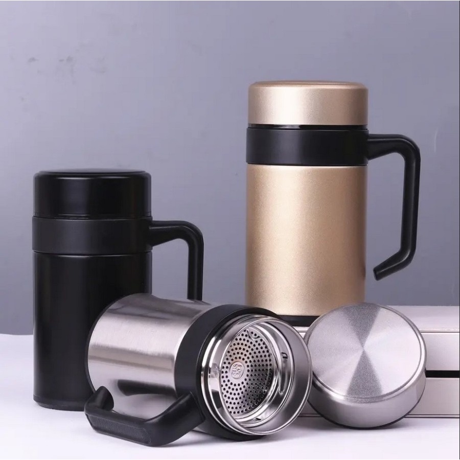 [ Hitam ] Mug Tea Hn22 Termos Cup Gagang Tumbler Gelas Botol Stainless