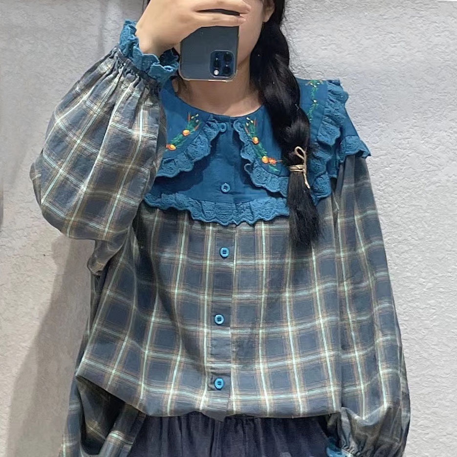 BLUS KATUN LINEN KOTAK BIRU TOSCA COLLAR LACE BORDIR BUNGA OVERSIZE JUMBO KOREA IMPORT