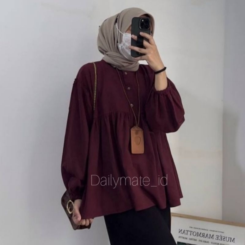 STYLISH MODERN DIANA MOZA TOP BLOUSE by gelis.shop Lquin / Linen Blouse / Blouse Busui Kancing