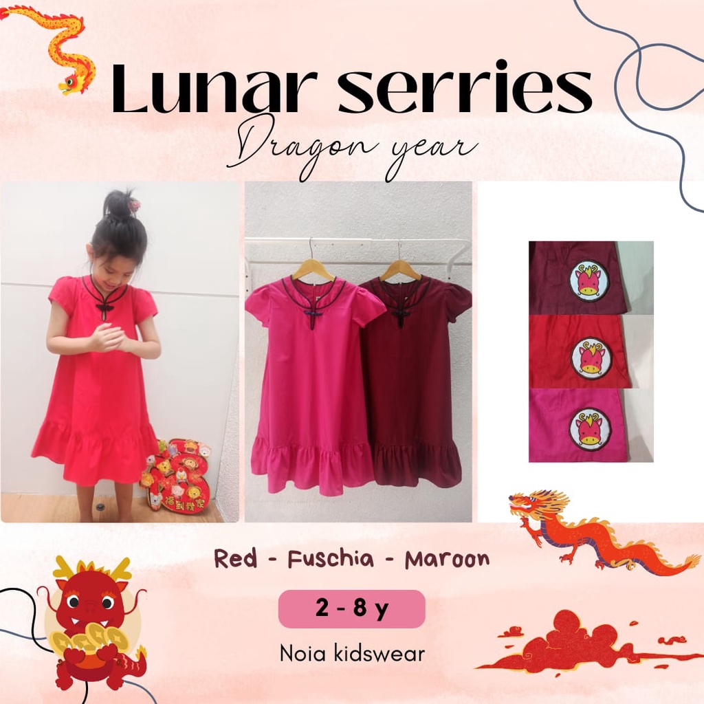 Dress Imlek 2024 anak perempuan girl Baju Dres Imlek Naga 2 4 6 8 tahun Katun