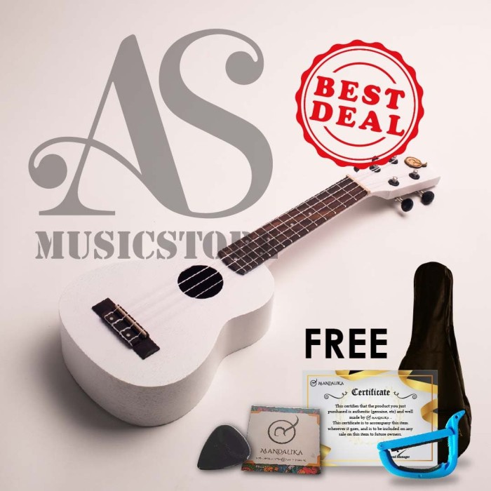 Ukulele - Termurah Ukulele Mandalika Soprano Putih Original Fullset