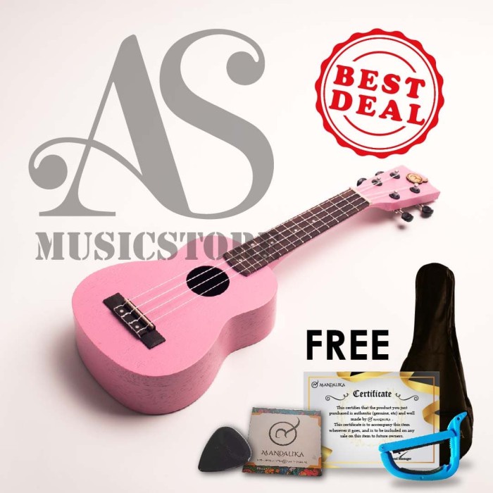 Ukulele - Fullset Ukulele Mandalika Soprano Pink Original Murah