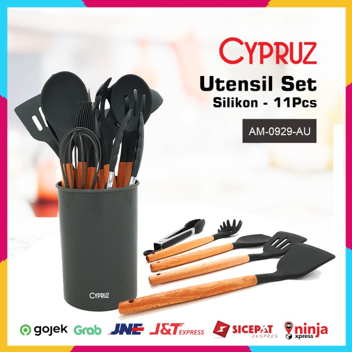 Promo Cypruz Utensil Set Ak-0929-Au Spatula Set Silikon Gagang Kayu Hitam