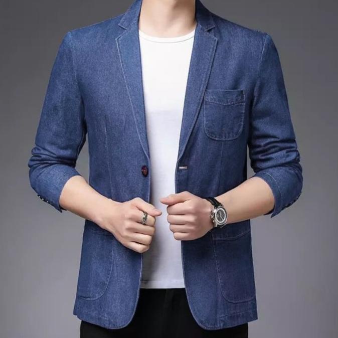 blazer pria laki denim jeans outer polos casual santai slim fit model