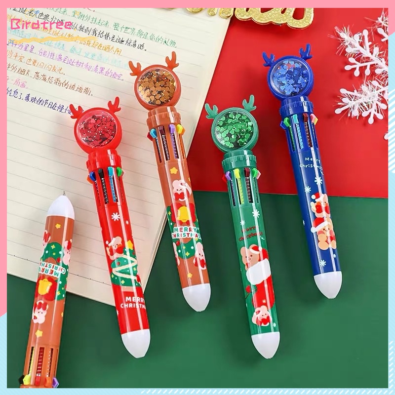 

[Readystock❤️COD]Pena Bolpoin Sepuluh Warna Payet Natal Kartun Pena Bolpoin Dapat Ditarik Kreatif Alat Tulis
