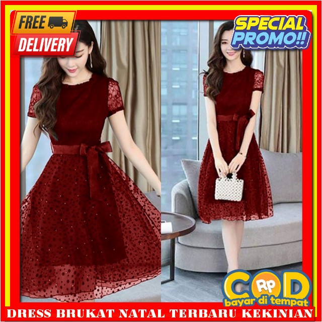 Midi Dress Korea Motif Drees Merah Maroon Dreses Berukat 2024 Dres Brukat Kondangan Mewah Elegan Len