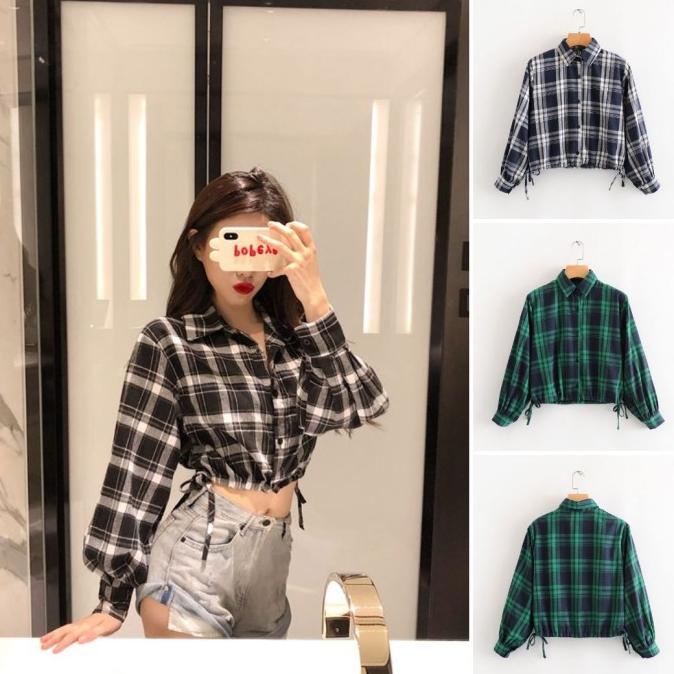 Sale Now Kemeja Wanita Kotak Lengan Panjang Crop Warna Hitam Dan Hijau Premium Terbaik
