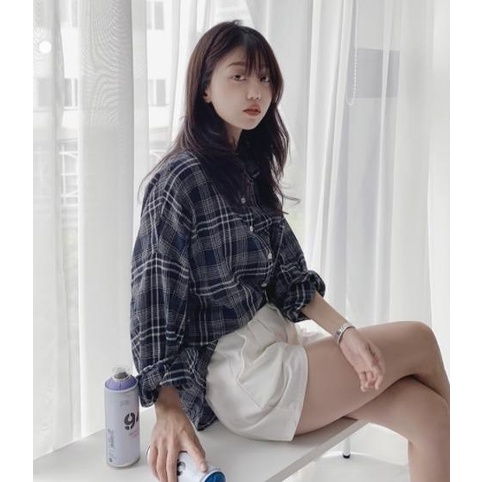 Trend Kemeja Wanita Korea Hem Kotak Kerah Pita Ribbon Hem Grosir Murah Terbaik