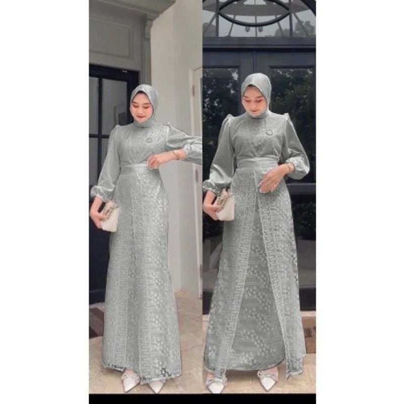 BAJU DRESS GAMIS SATIN BROKAT BRUKAT WANITA MUSLIM UMROH PREMIUM UKURAN S M L XL XXL XXXL 3XL JUMBO 