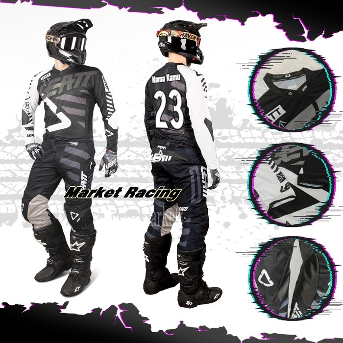 Promo Jersey Set Motocross Hitam Putih Leatt Trail Baju Kaos Adventur Trabas