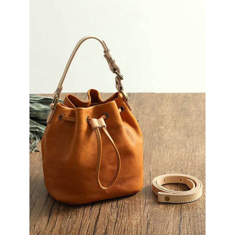 Tas Wanita Kulit Asli, Tas Kurir Bahu Wanita Mode Simpel, Tali Serut Kulit Samak, Sayuran, Buatan Ta