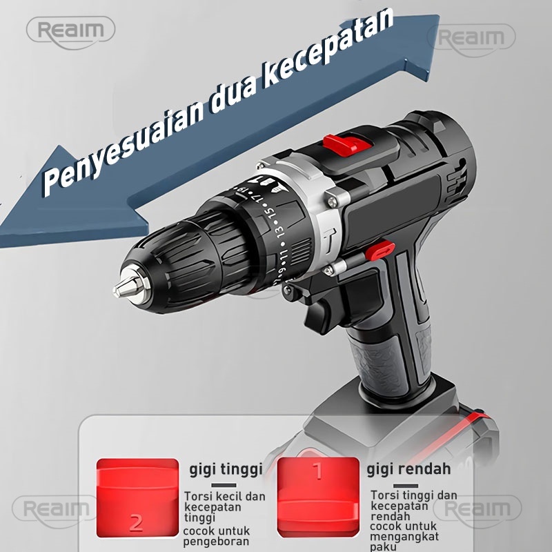 Reaim Mesin Bor Baterai 198 Volt Impact Drill Bor Listrik Bor Cas Bor Portable Bor Tangan Listrik