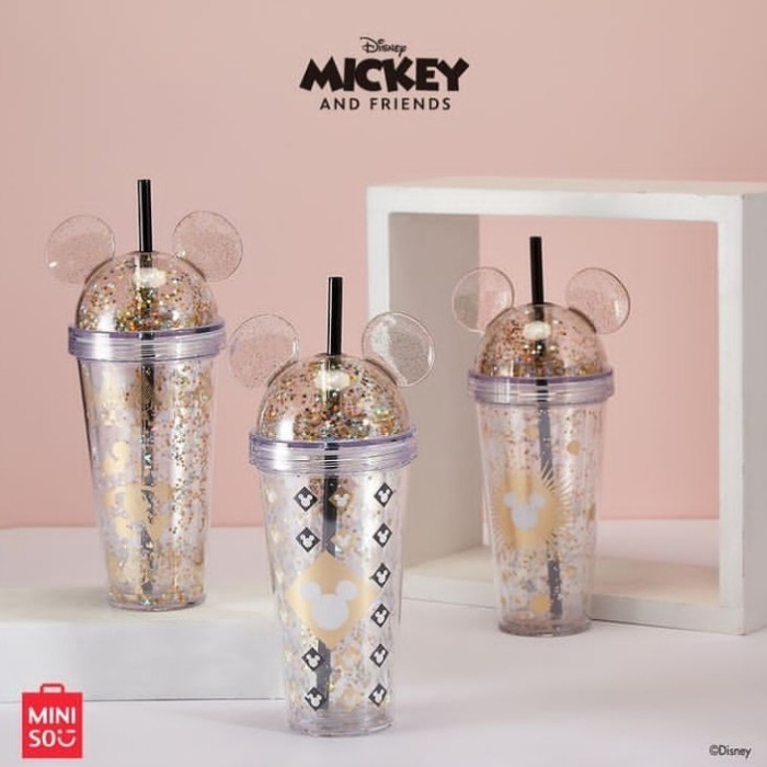 TUMBLER MICKEY MOUSE 420ML - MINISO BOTOL MINUM DUA LAPIS WITH SEDOTAN