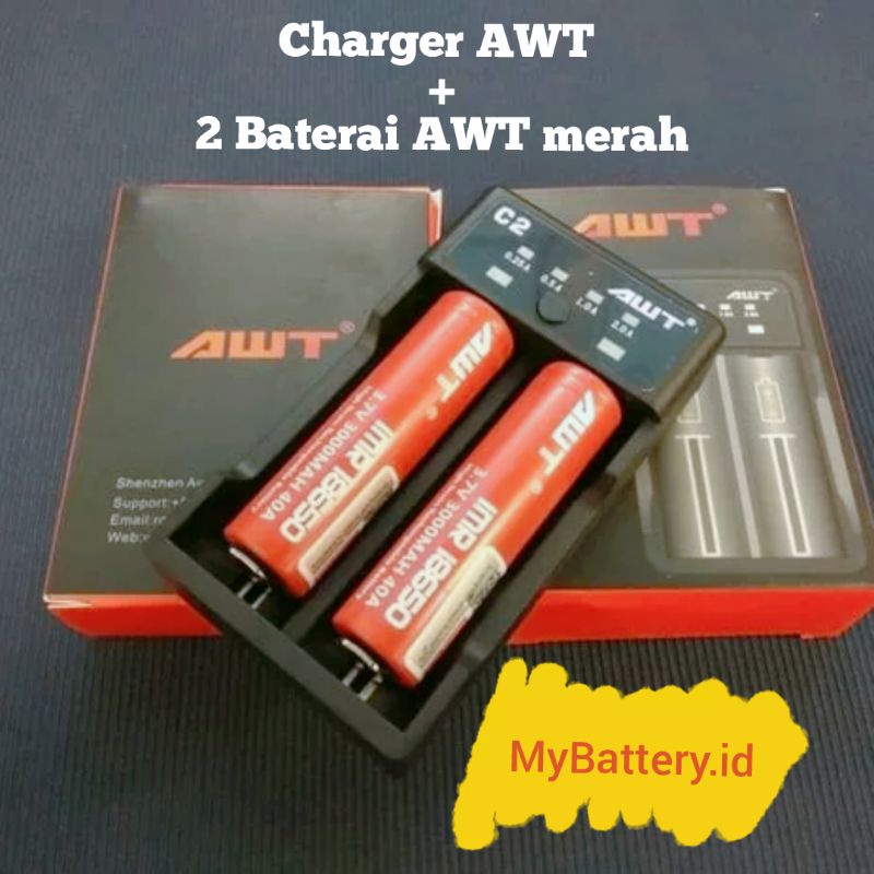 Paket Charger AWT + 2 Baterai AWT Merah